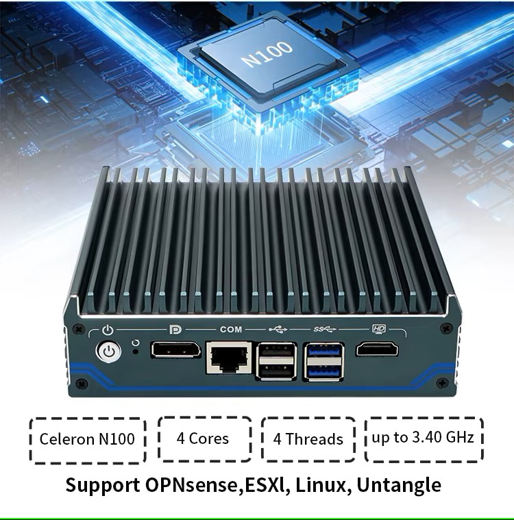 N1241 N100 Průmyslové mini PC, Barebone, Fanless