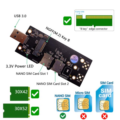 Adaptér M.2 NGFF Key B na USB 3.0 s 6pinovým slotem pro 2 SIM karty