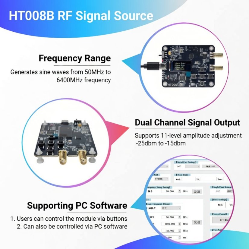 HT008B Dvoukanálový RF Signálový Generátor 50MHz-6.4GHz