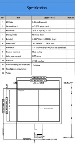 8" TFT LCD, IPS, 1024x768, LVDS 40pin displej