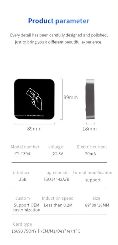 Dvoufrevenční RFID čtečka karet ZY-T304