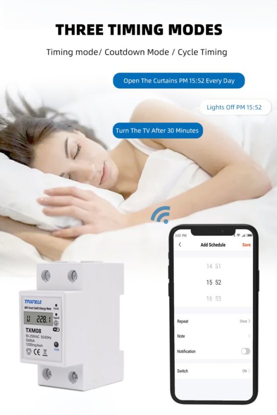 TXM08 Tuya 60A Chytrý měřič energie s časovačem na DIN lištu