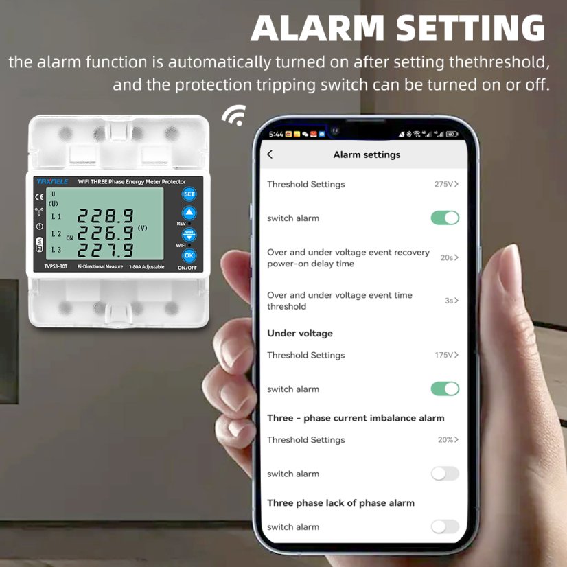 Inteligentní 3fázový WiFi elektroměr Tuya 380V s ochranou