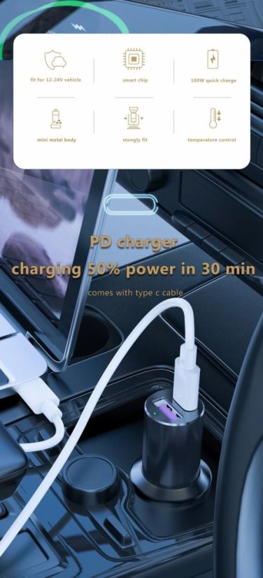 GC19 QP 100W auto nabíječka s USB-C PD a USB-A QC3.0
