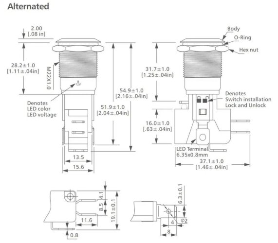 L22B LED Tlačítkový spínač 12V, 20A, 22mm, IP65