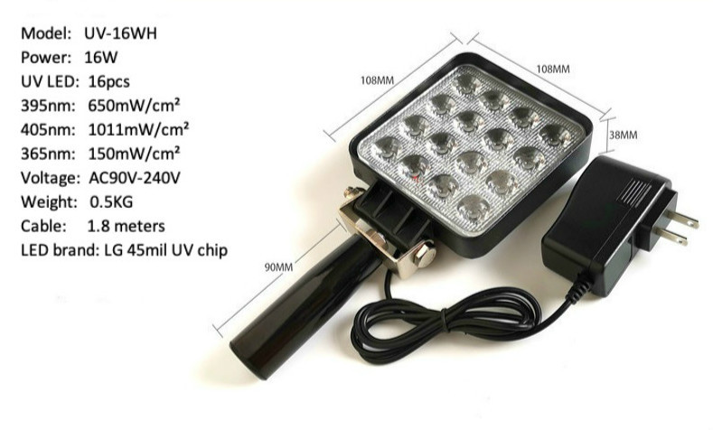 395nm UV LED Hand Lamp UV-16WHH - Performance: 32W