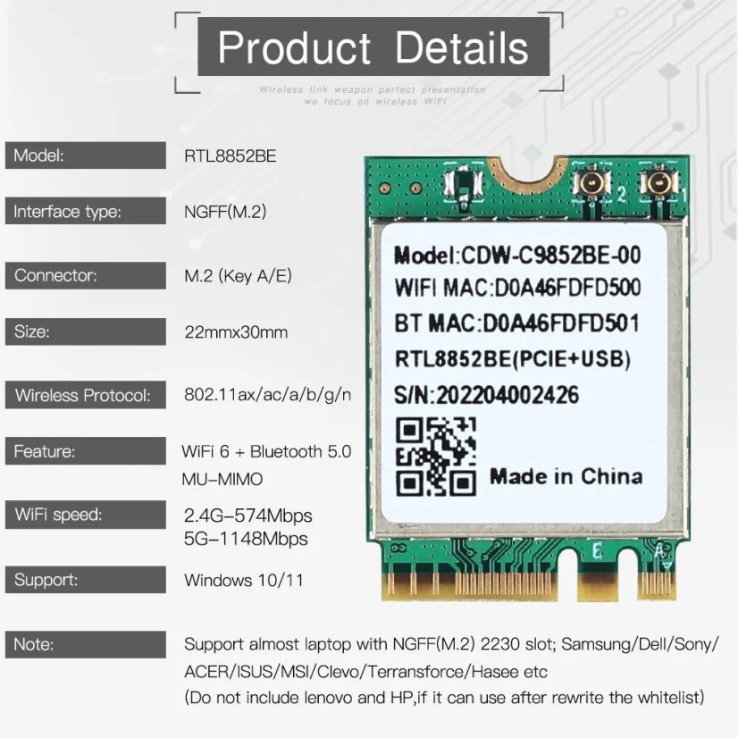 RTL8852BE M.2 NGFF WiFi6 Card