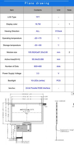4.3" TFT IPS Displej 800x480 40pin
