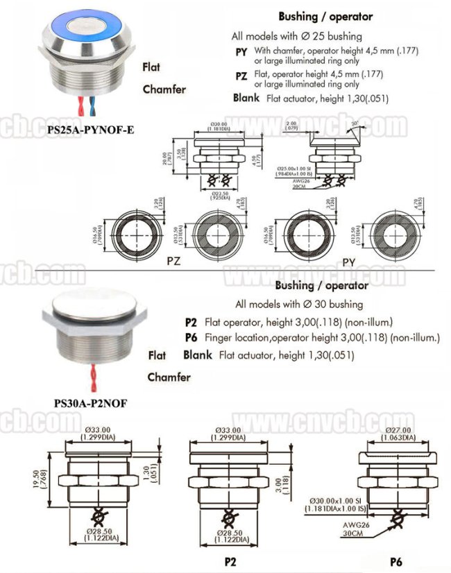 Piezo tlačítko 24V, IP68 PS22B-PNOF-EG24V/S, 22 mm - Bezúdržbový spínač