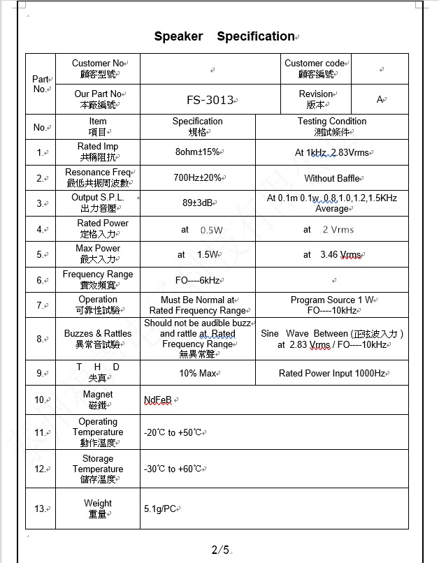 Miniature Speaker FS-3013, 30x13mm, 8 ohm, 0.5W