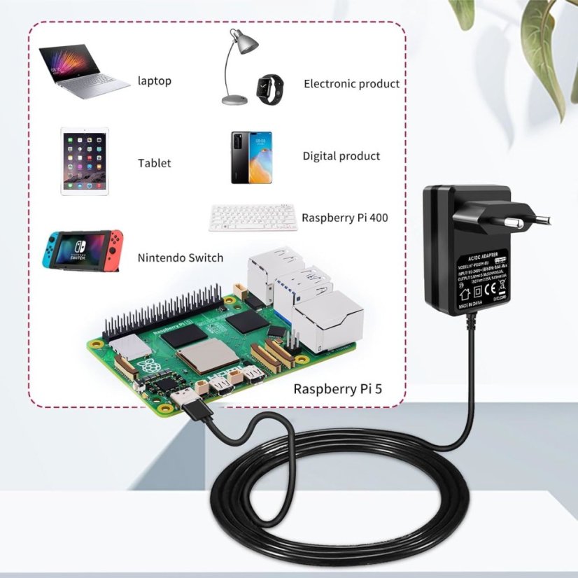 USB-C napájecí adaptér 27W pre Raspberry Pi 5