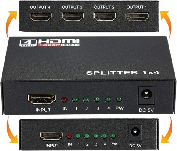 Kovový HDMI splitter 1-4 porty bez napájecího adaptéru