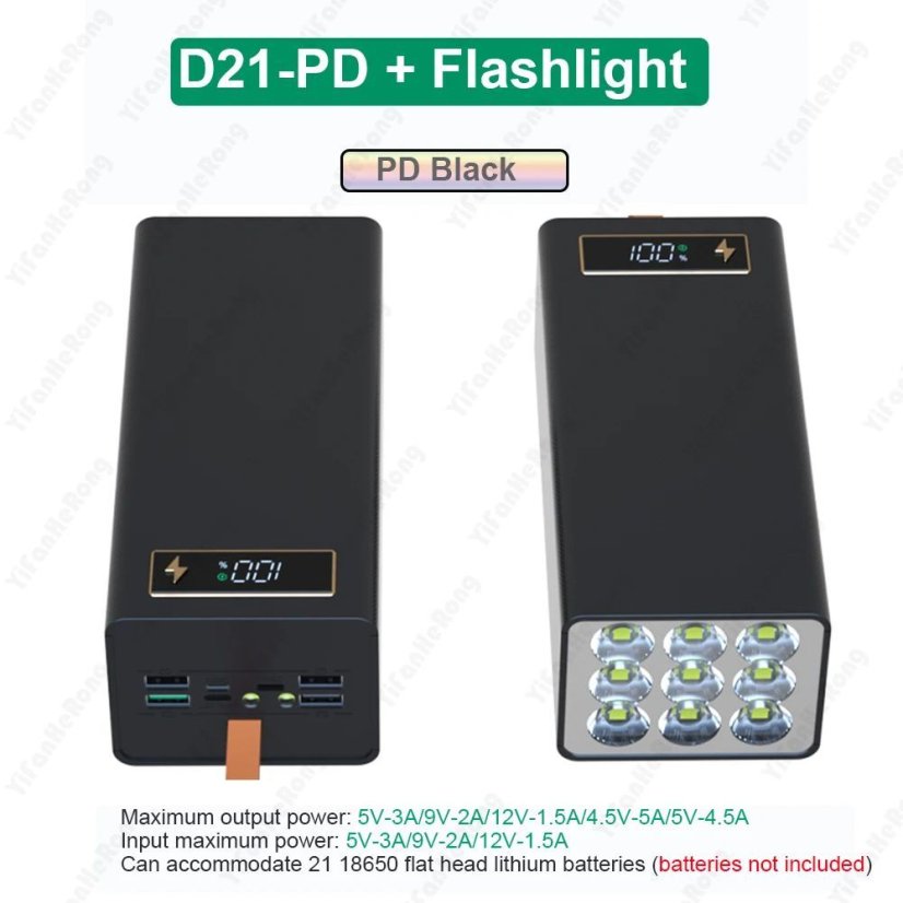 D21-PD Powerbanka pro 21× 18650 baterií s 9 LED (bez baterií) - Barva: Černá