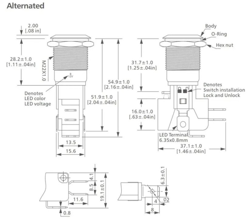 L22B LED Tlačítkový spínač 12V, 20A, 22mm, IP65