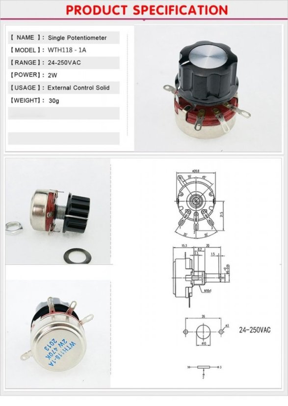 Potenciometr 10K Ohm lineární WH118-1A s XH2.54 konektorem