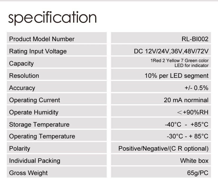 Digitální indikátor stavu baterie RL-BI002 pro 12V, 24V, 36V, 48V a 72V
