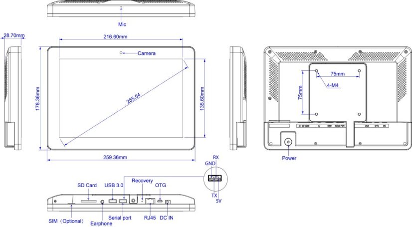 10.1" řada WF 3, průmyslový Android tablet, dotyk, PoE a VESA