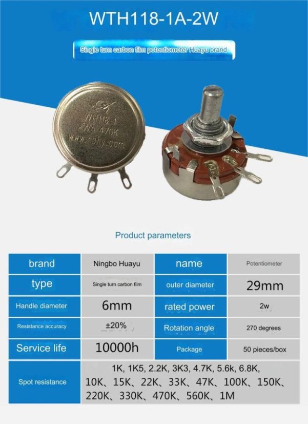 WH118-1A XH2.54 3P Lineární Potenciometr 47k