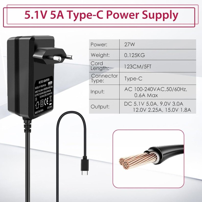 USB-C napájecí adaptér 27W pre Raspberry Pi 5