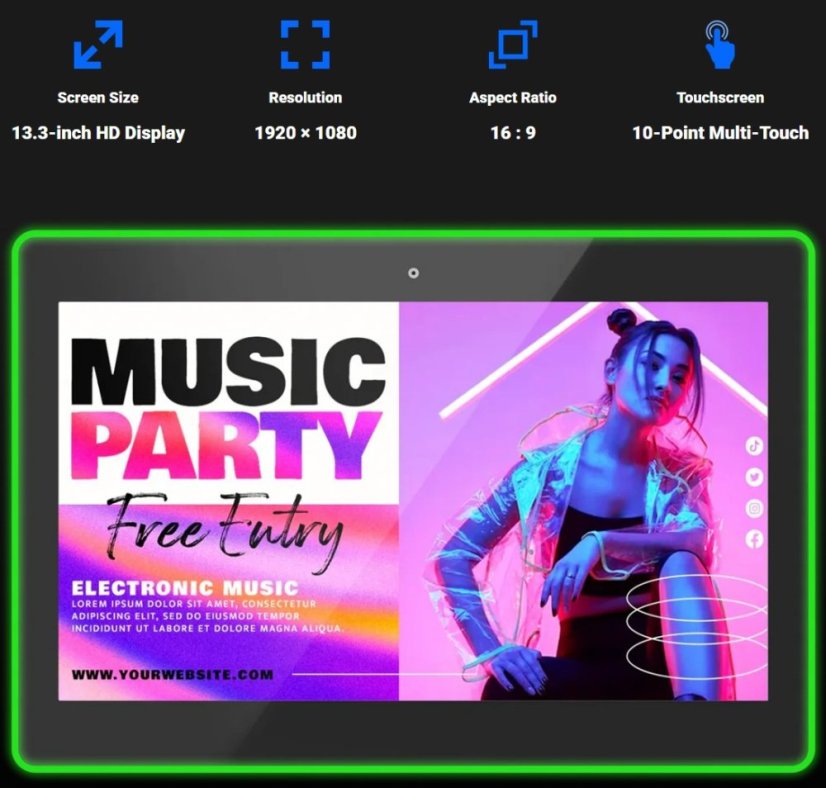 13.3" WA řada 8, průmyslový Android tablet, Edge-Light, dotyk, PoE a VESA - Model: WA1388T