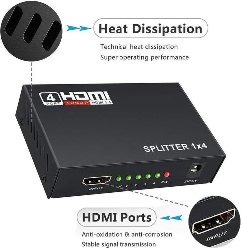 Kovový HDMI splitter 1-4 porty bez napájecího adaptéru