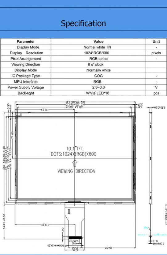 10.1" TFT Display, 1024x600, RGB, 50pin