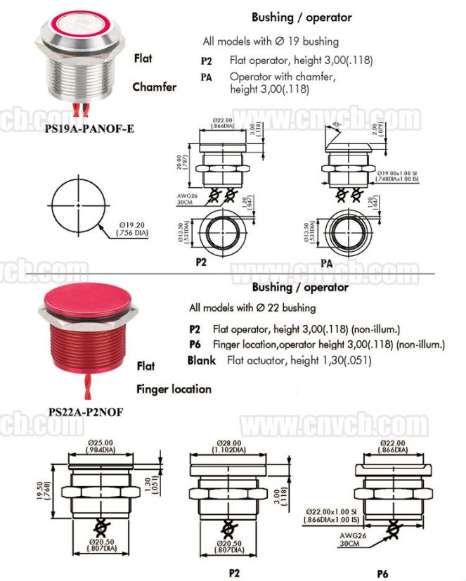 Piezo tlačítko 24V, IP68 PS22B-PNOF-EG24V/S, 22 mm - Bezúdržbový spínač