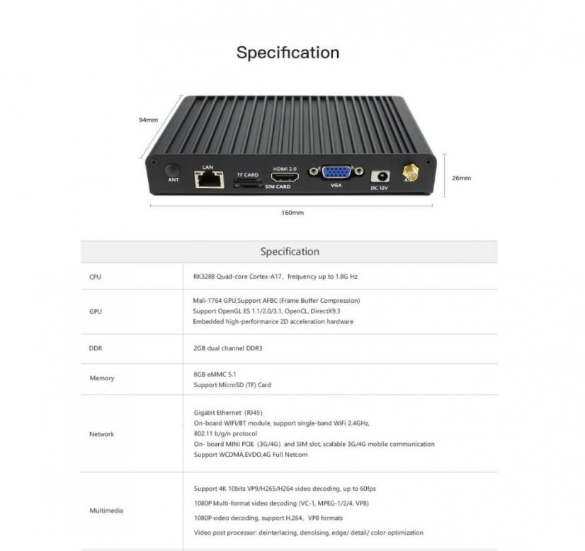 Průmyslový Android ARM počítač EC-A3288C 2G/8G
