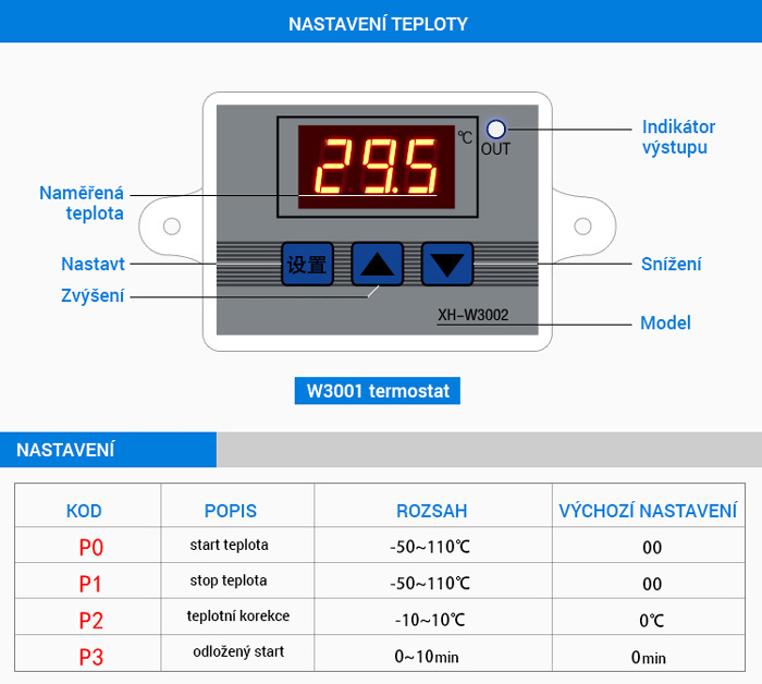 Elektronický termostat XH-W3001 -50 až 110°C pro topení a chlazení