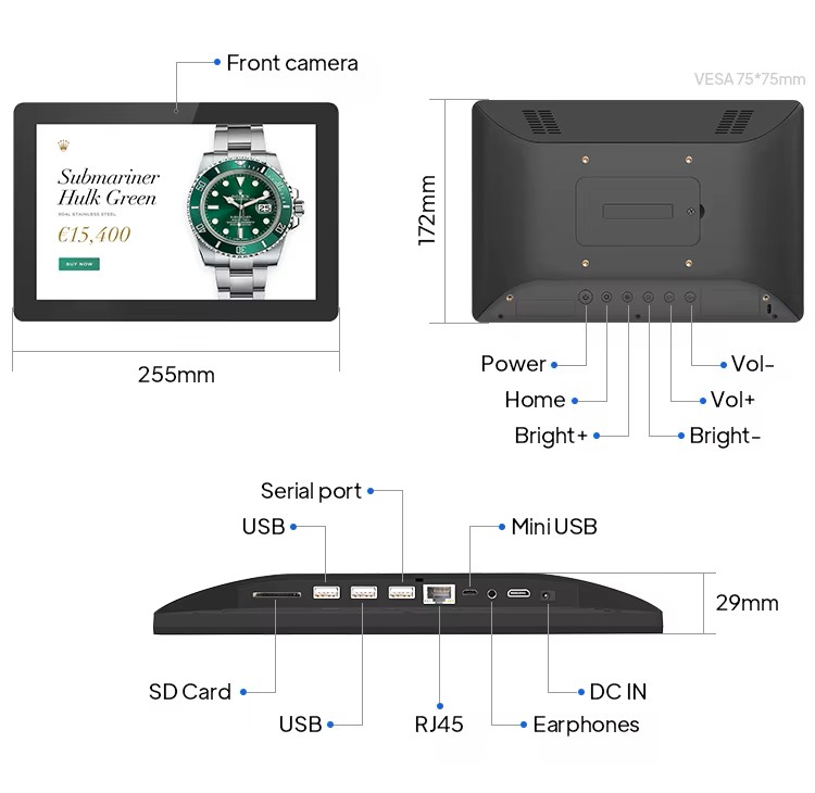 10.1" řada WF 2, průmyslový Android tablet, dotyk, PoE a VESA - Model: WF1026T