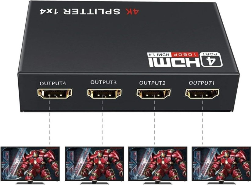 Kovový HDMI splitter 1-4 porty bez napájecího adaptéru