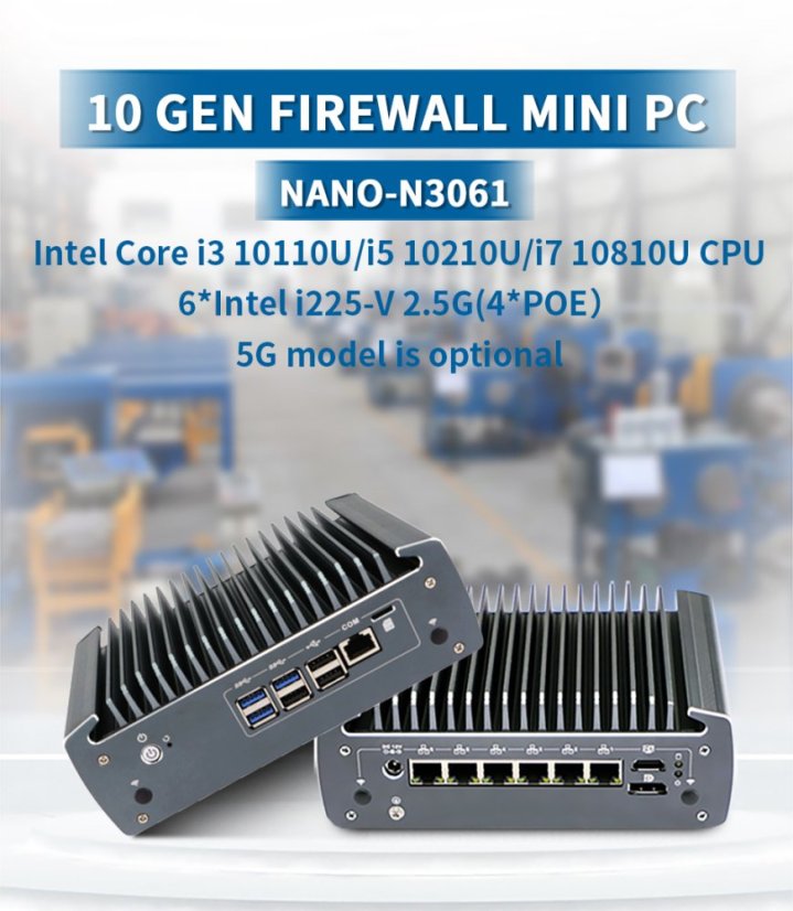 Nano N3061, 6 LAN, bez ventilátorů, průmyslový barebone počítač