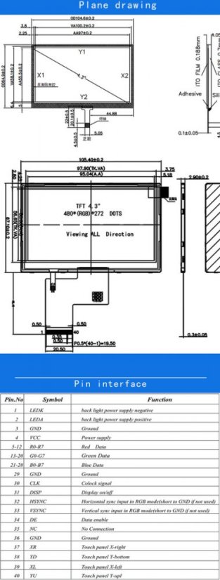 4.3" TFT LCD Display 480x272 RT 40pin
