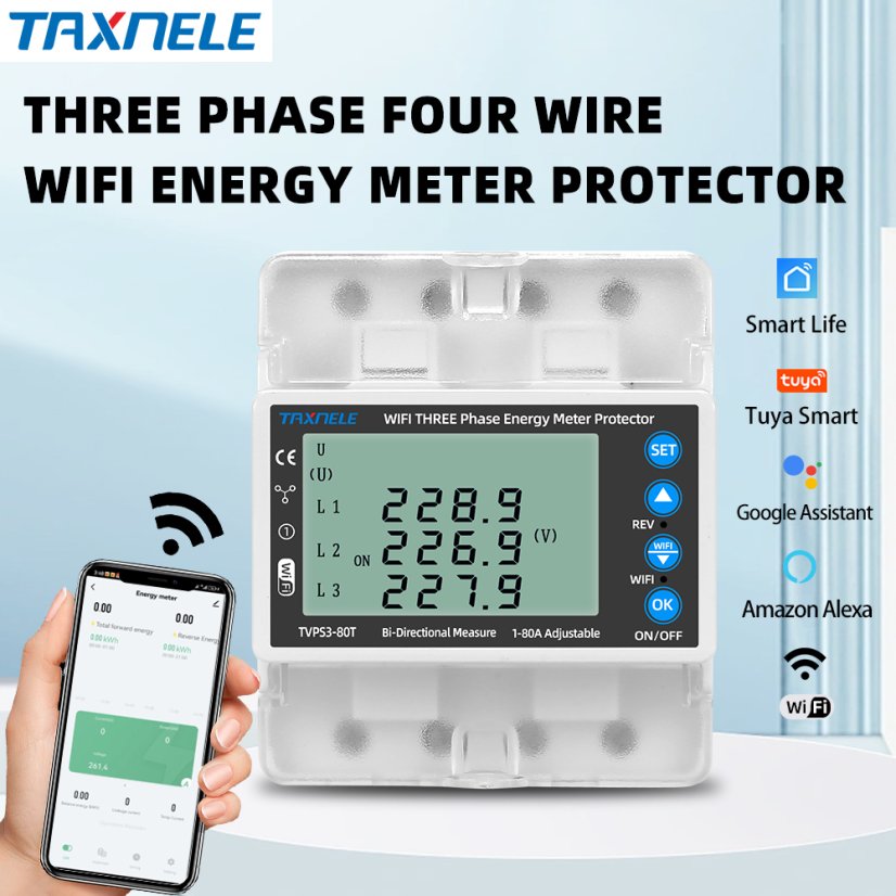 Inteligentní 3fázový WiFi elektroměr Tuya 380V s ochranou