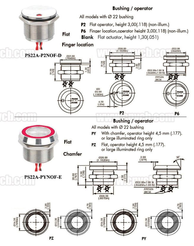Piezo tlačítko 24V, IP68 PS22B-PNOF-EG24V/S, 22 mm - Bezúdržbový spínač