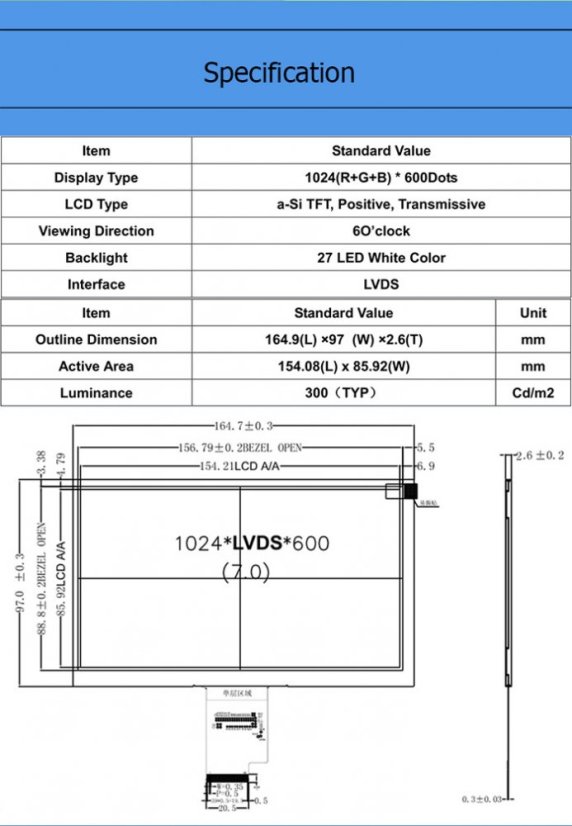 7palcový TFT displej, 1024x600, IPS, LVDS, 40pin