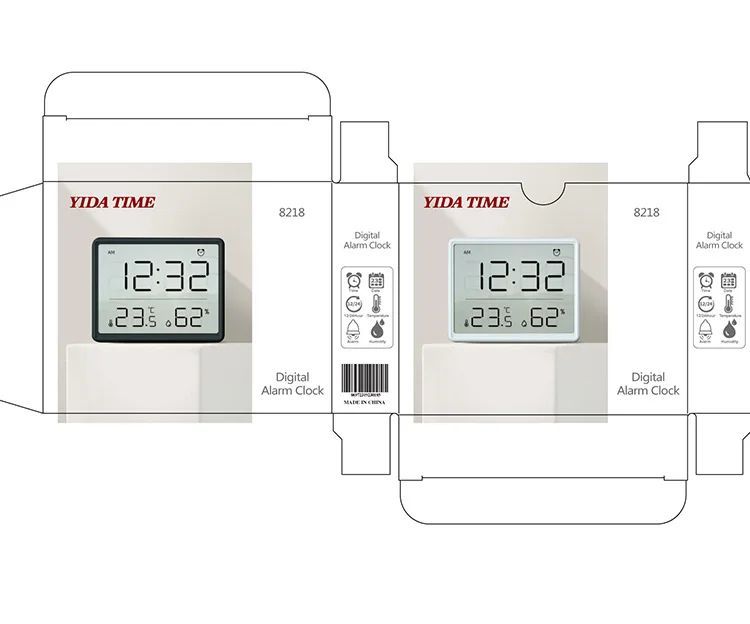 8218 domácí mini teploměr, vlhkoměr a budík 3v1 s velkým displejem