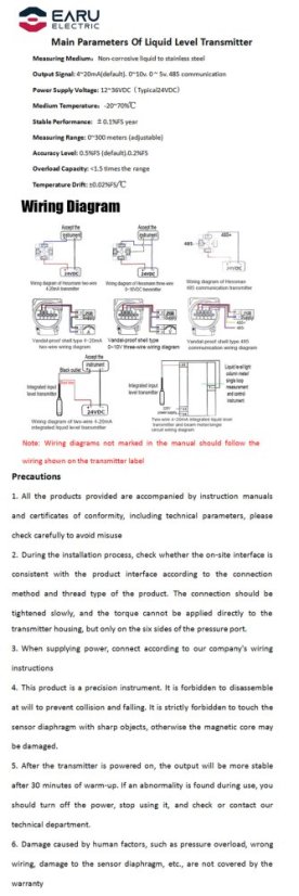 Hydrostatická hladinová sonda 4-20mA pro měření hladiny kapaliny - Délka: 10m