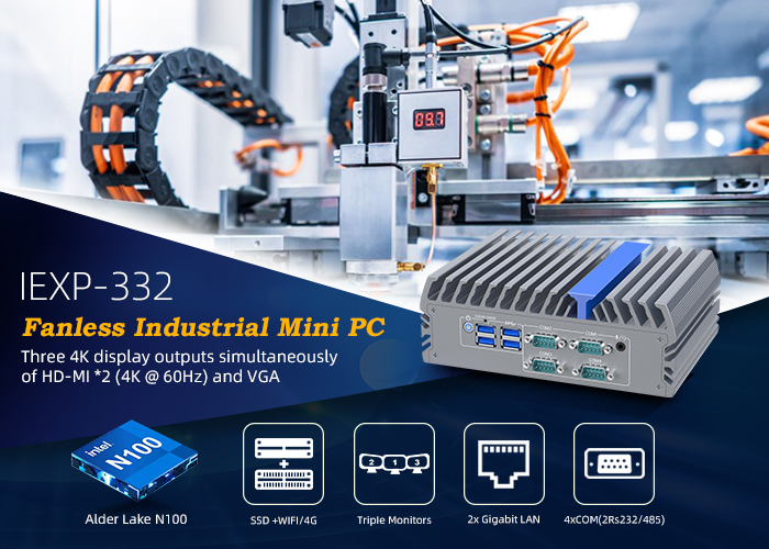 IEXP-332 průmyslové PC, Intel N100, 2× HDMI, VGA, 4× COM, Dual LAN, Barebone
