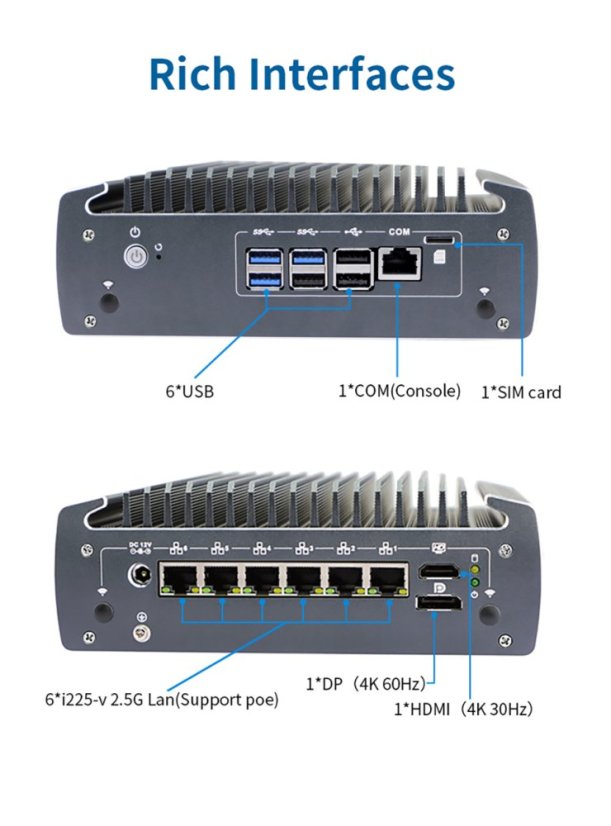Nano N3061, 6 LAN, bez ventilátorů, průmyslový barebone počítač