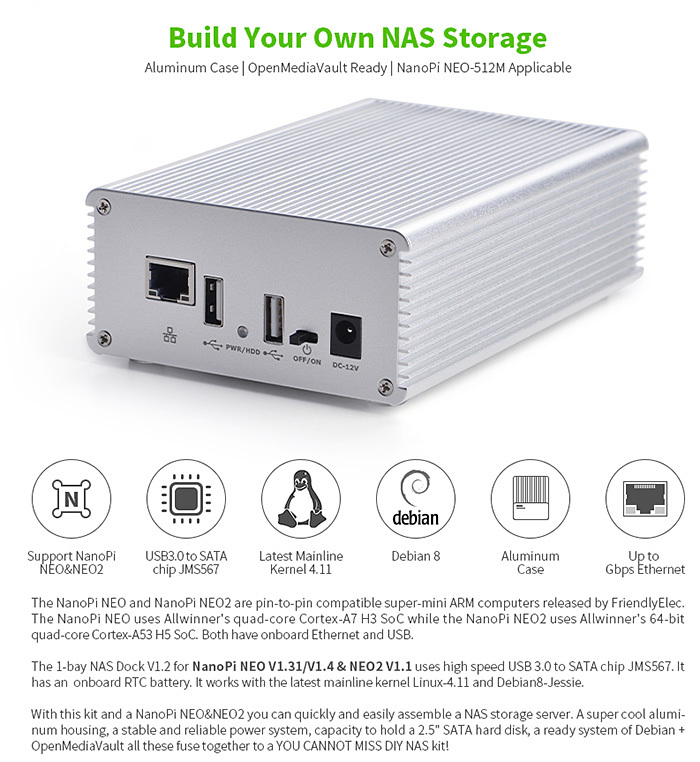 1-slotový NAS Kit v1.2 pre NanoPi NEO&NEO2