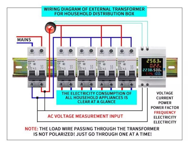 D52-2066 Multifunkční měřič s LCD displejem na DIN lištu AC - Rozsah měření AC napětí: 200-450V