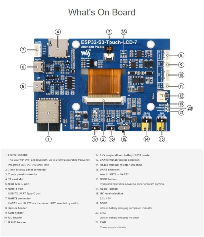 ESP32-S3 7" vývojová deska s displejem | WiFi, Bluetooth, dotyk