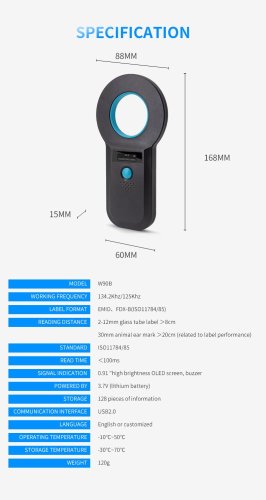 W90B FDX-B čtečka čipů pro zvířata s bezdrátovým USB