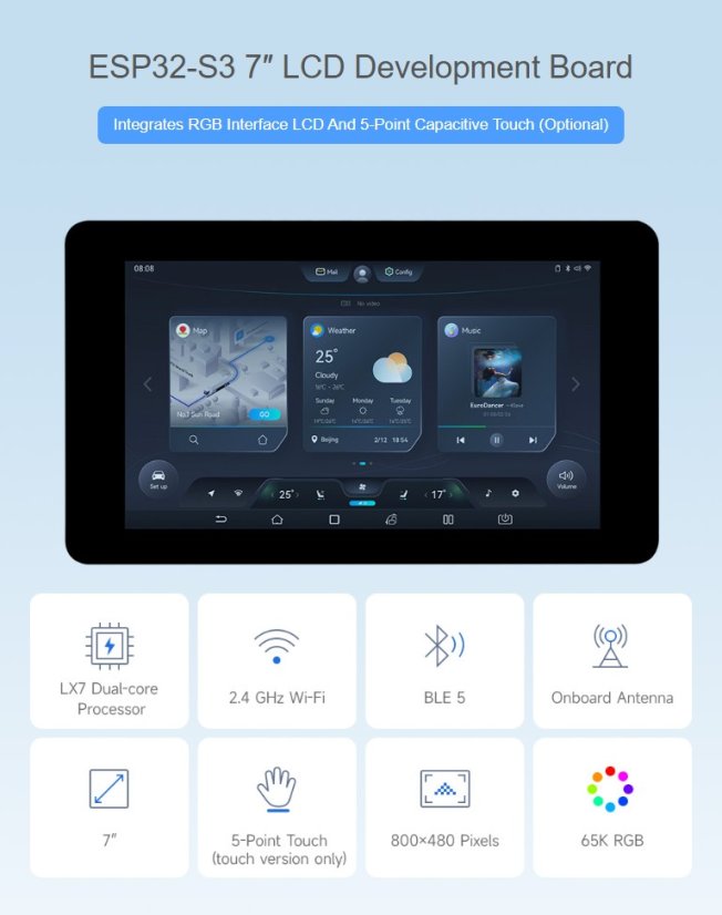 ESP32-S3 7" vývojová deska s displejem | WiFi, Bluetooth, dotyk