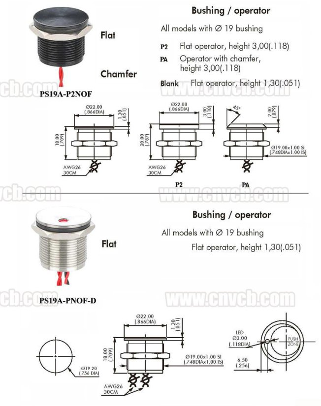 Piezo tlačítko 24V, IP68 PS22B-PNOF-EG24V/S, 22 mm - Bezúdržbový spínač