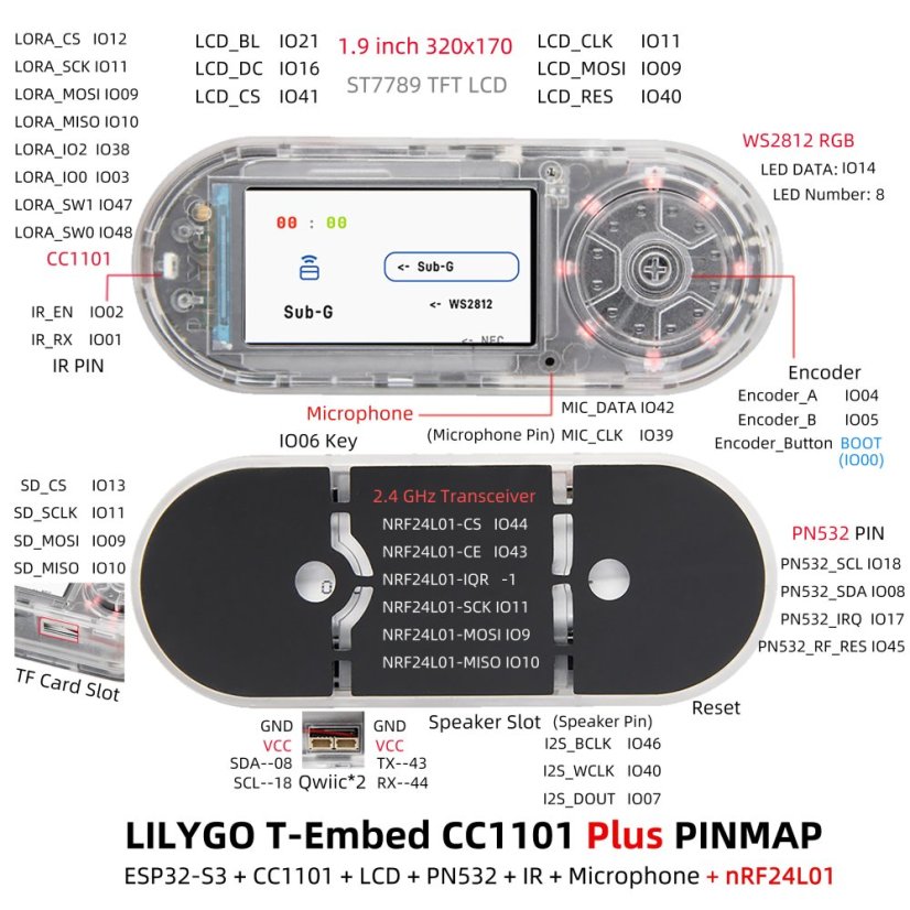 LILYGO® T-Embed-CC1101 ESP32-S3 1.9" LCD PN532 Vývojová deska
