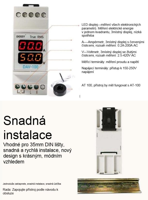 DAV-100 Single-Phase LED Ampere and Voltmeter DIN