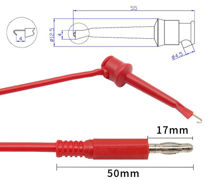 4mm Banana Measuring Cable with Hook - 0.5m