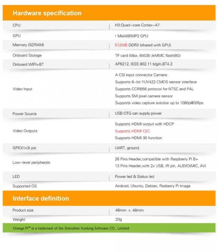 Orange Pi Zero Plus 2 H5 – Quad-core mini PC 512MB RAM, 8GB eMMC